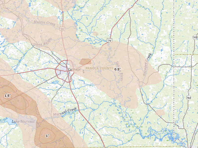 Radar-estimated hail-size map of the storm over Carthage, TX on Apr 24, 2026