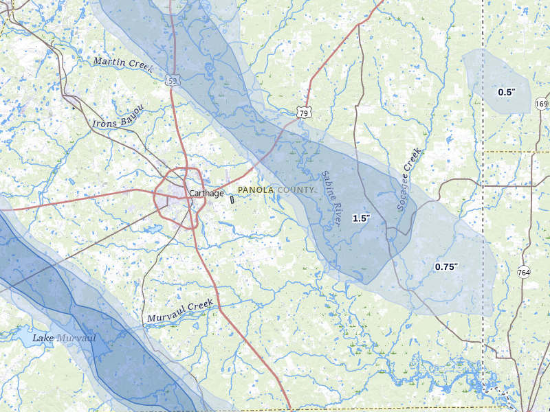NEXRAD radar-signature map of the hail over Carthage, TX