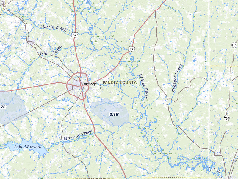 NEXRAD radar-signature map of the hail storm over Carthage, TX on May 8, 2026