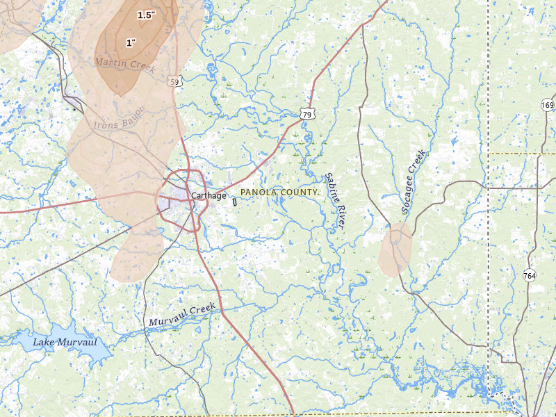 Radar-estimated hail-size map of the storm over Carthage, TX on Jul 6, 2026