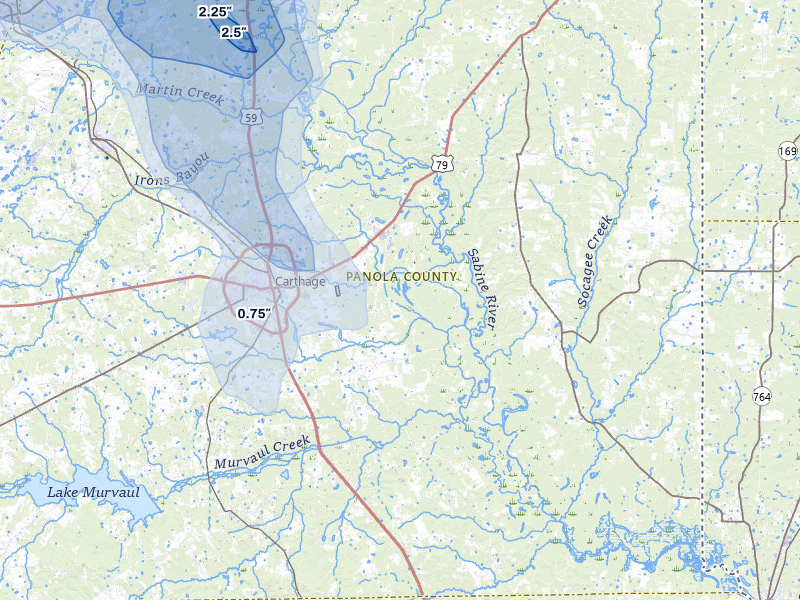 NEXRAD radar-signature map of the hail storm over Carthage, TX on Jul 6, 2026