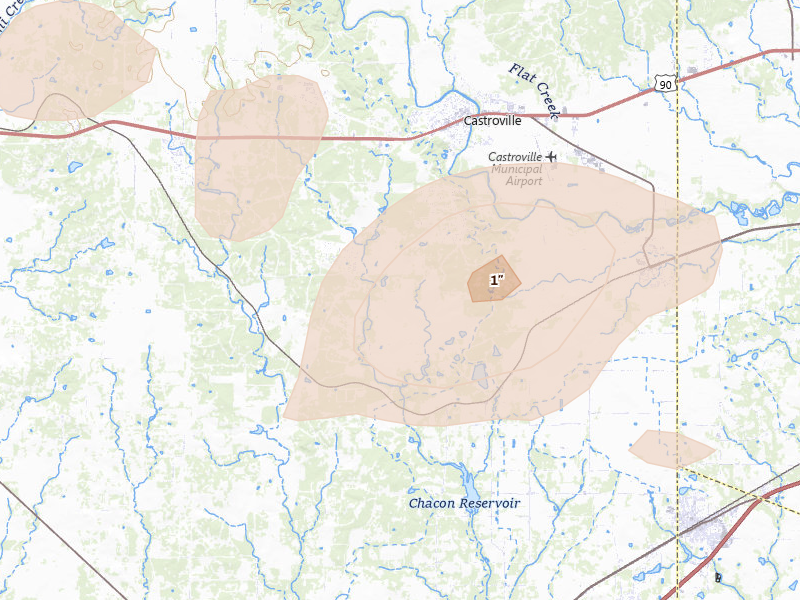 Radar-estimated hail-size map of the storm over Castroville, TX on May 23, 2026