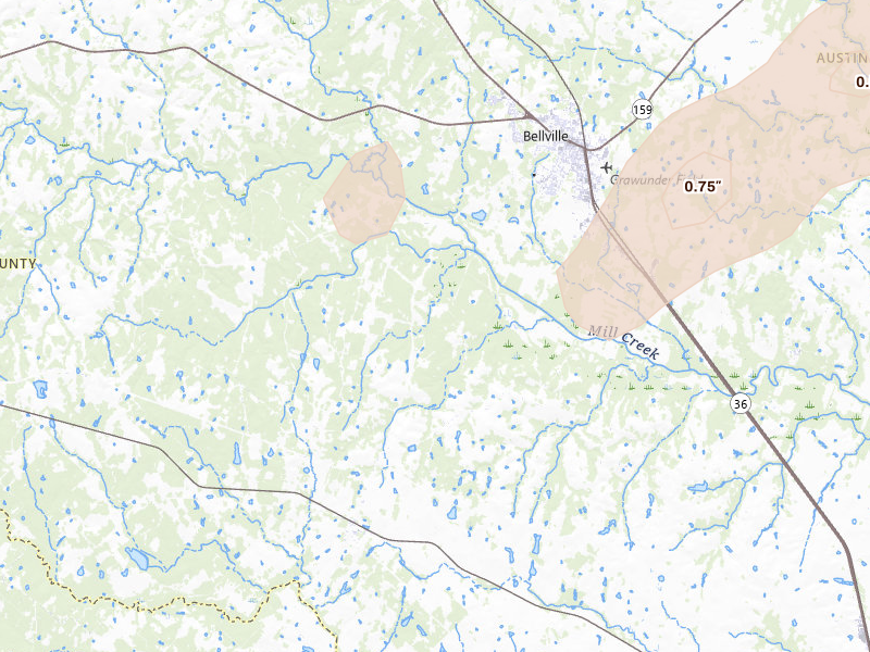 Radar-estimated hail-size map of the storm over Cat Spring, TX on Jun 2, 2026