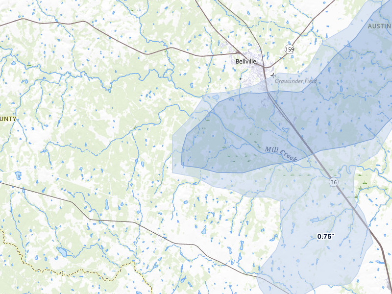 NEXRAD radar-signature map of the hail over Cat Spring, TX