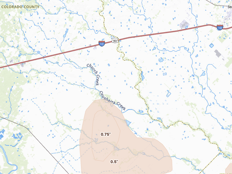 Radar-estimated hail-size map of the storm over Cat Spring, TX on Aug 28, 2026