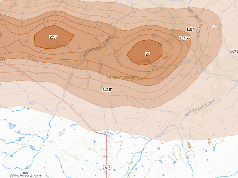 Radar-estimated hail-size map of the storm over Catarina, TX on Apr 30, 2026