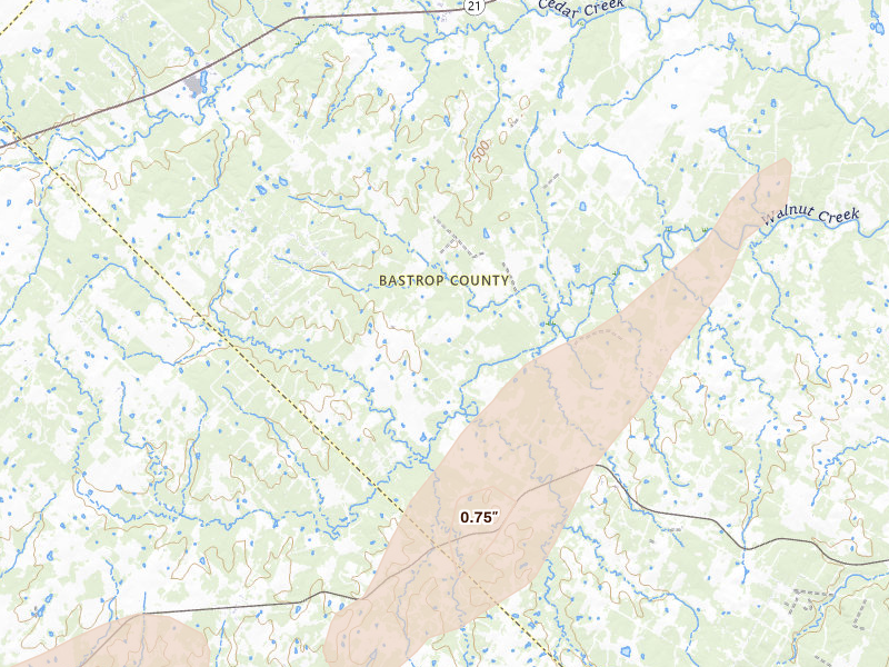 Radar-estimated hail-size map of the storm over Cedar Creek, TX on Mar 7, 2026