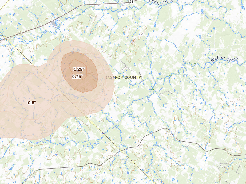 Radar-estimated hail-size map of the storm over Cedar Creek, TX on Aug 28, 2026