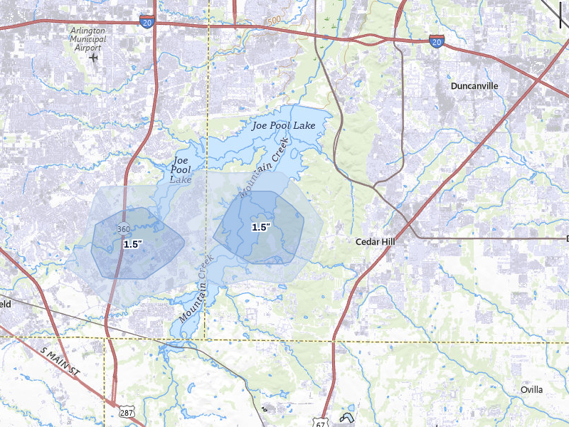 NEXRAD radar-signature map of the hail over Cedar Hill, TX