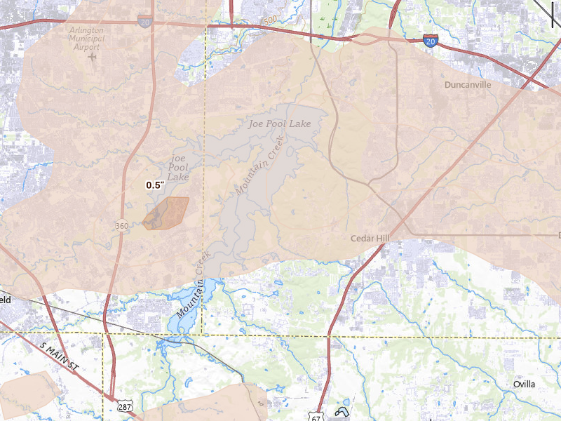 Radar-estimated hail-size map of the storm over Cedar Hill, TX on Mar 4, 2026