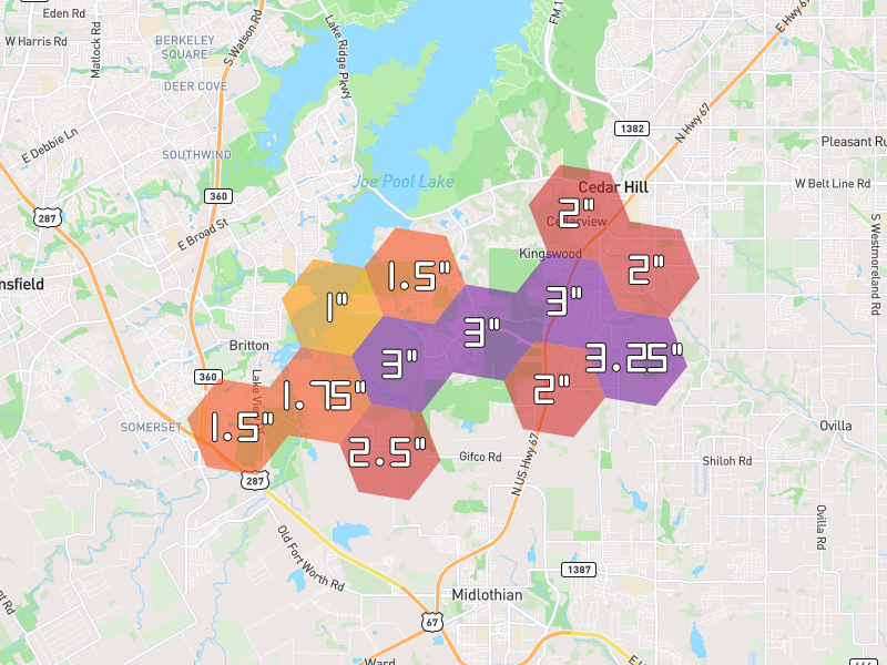 Hail map of Cedar Hill, TX on Jun 7, 2026, hail up to 3.25"