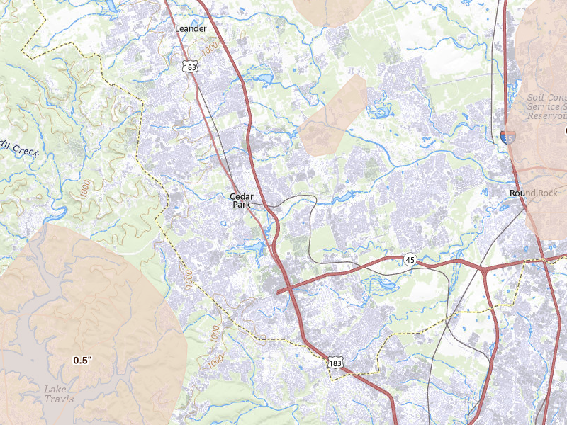 Radar-estimated hail-size map of the storm over Cedar Park, TX on May 19, 2026