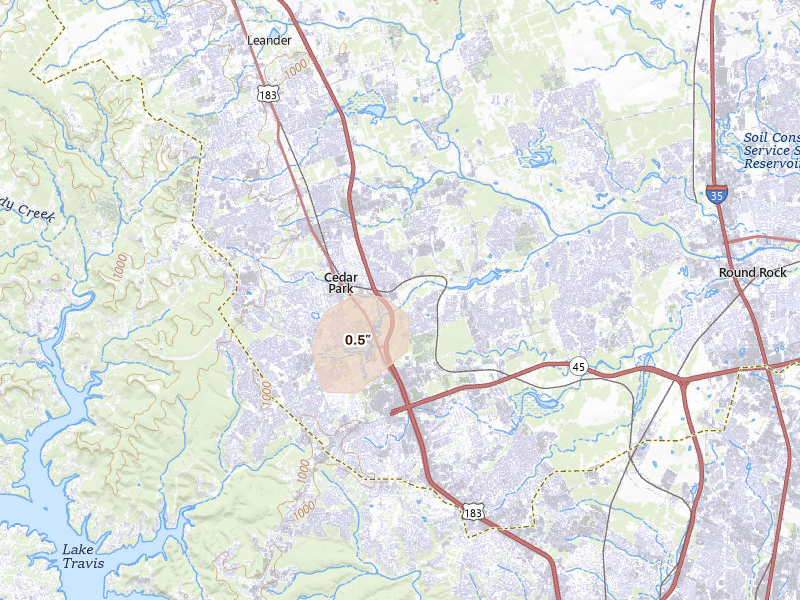 Radar-estimated hail-size map of the storm over Cedar Park, TX on Aug 27, 2026