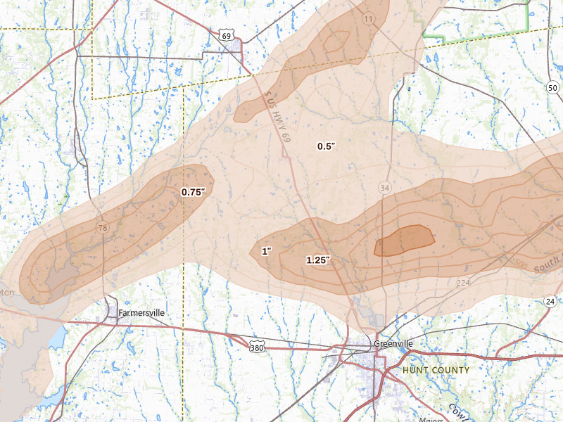 Radar-estimated hail-size map of the storm over Celeste, TX on Apr 27, 2026