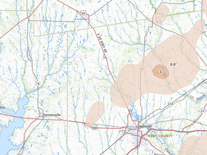 Radar-estimated hail-size map of the storm over Celeste, TX