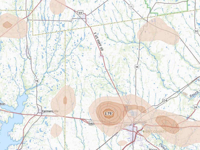 Radar-estimated hail-size map of the storm over Celeste, TX on Jul 6, 2026