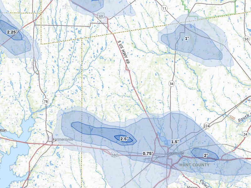 NEXRAD radar-signature map of the hail over Celeste, TX