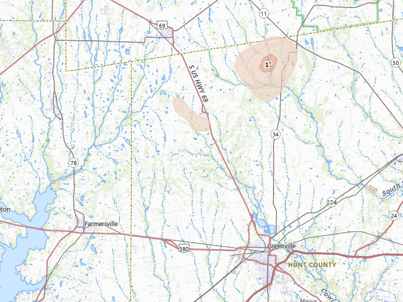Radar-estimated hail-size map of the storm over Celeste, TX on Jul 7, 2026