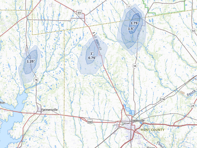NEXRAD radar-signature map of the hail over Celeste, TX