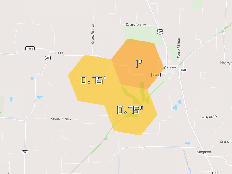 Hail map of Celeste, TX on Jul 7, 2026, hail up to 1"