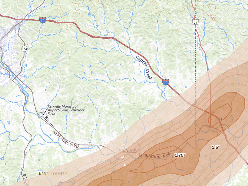 Radar-estimated hail-size map of the storm over Center Point, TX on Mar 10, 2026