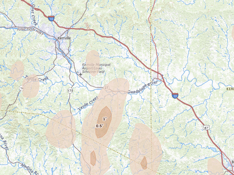 Radar-estimated hail-size map of the storm over Center Point, TX on May 26, 2026