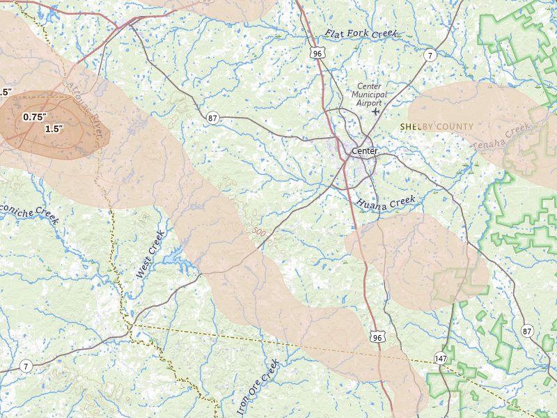 Radar-estimated hail-size map of the storm over Center, TX on Apr 24, 2026
