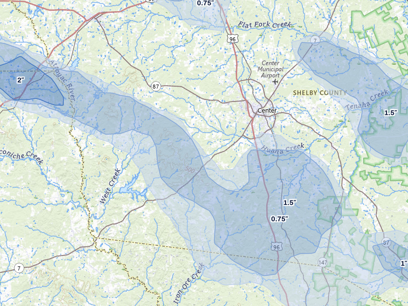 NEXRAD radar-signature map of the hail over Center, TX
