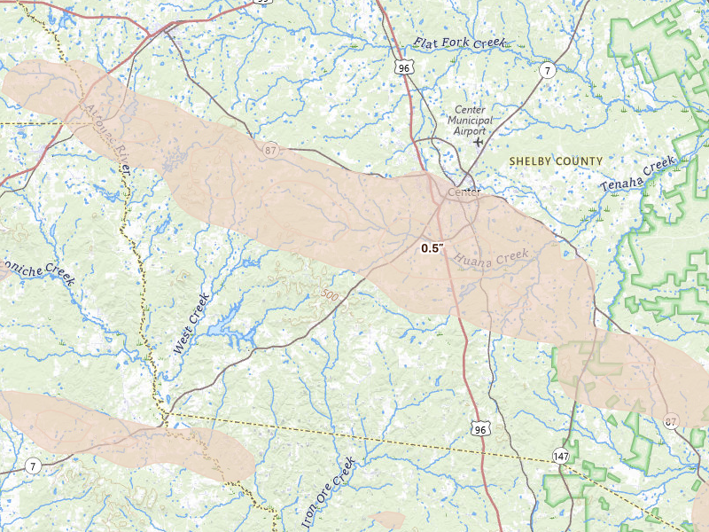 Radar-estimated hail-size map of the storm over Center, TX on Apr 29, 2026