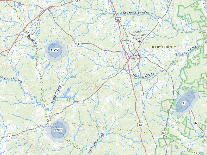 NEXRAD radar-signature map of the hail storm over Center, TX on Apr 29, 2026