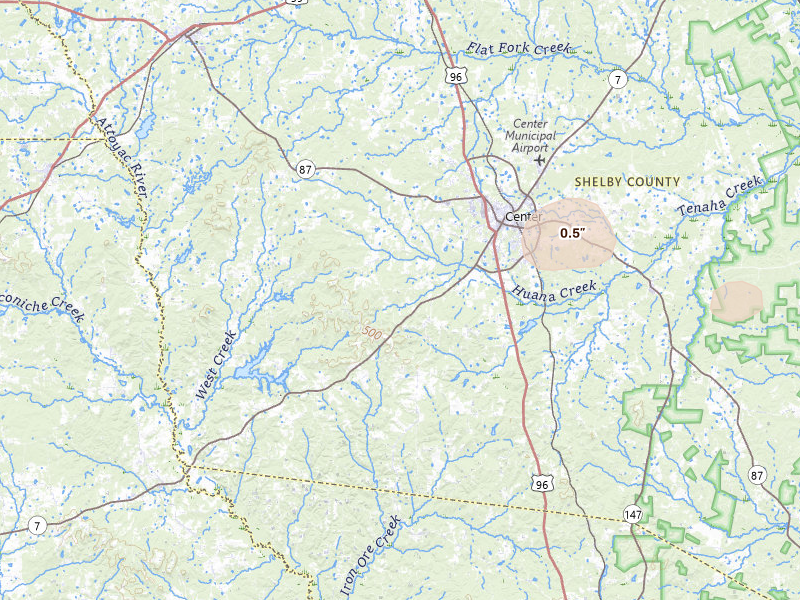 Radar-estimated hail-size map of the storm over Center, TX on May 10, 2026