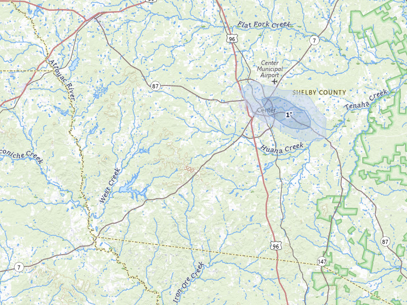 NEXRAD radar-signature map of the hail storm over Center, TX on May 10, 2026