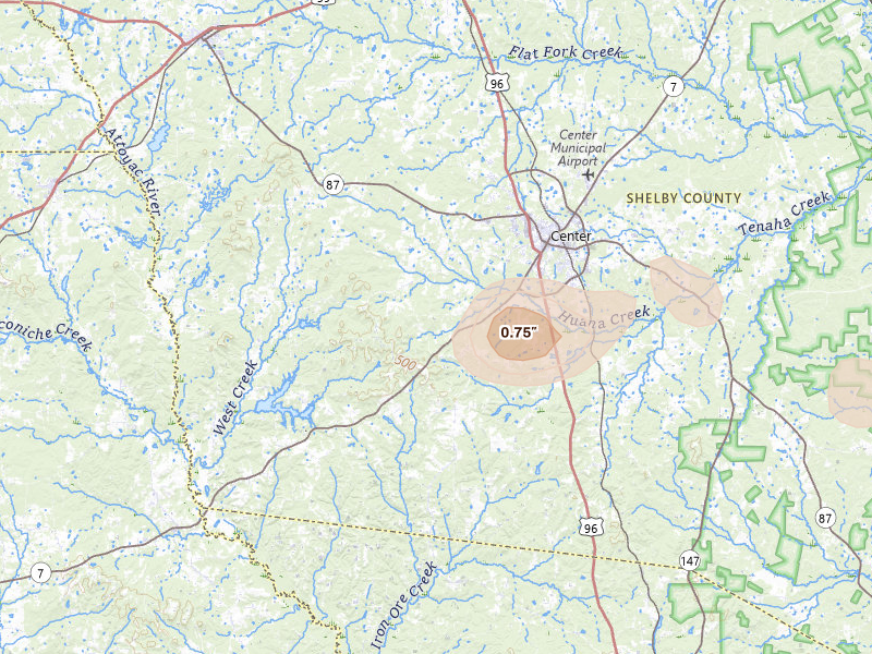 Radar-estimated hail-size map of the storm over Center, TX on Jul 6, 2026