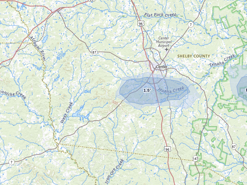 NEXRAD radar-signature map of the hail storm over Center, TX on Jul 6, 2026