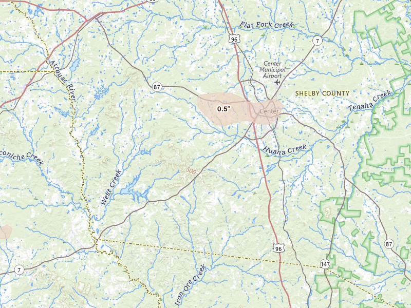 Radar-estimated hail-size map of the storm over Center, TX on Jul 12, 2026