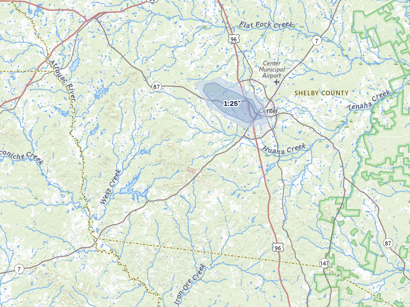 NEXRAD radar-signature map of the hail storm over Center, TX on Jul 12, 2026