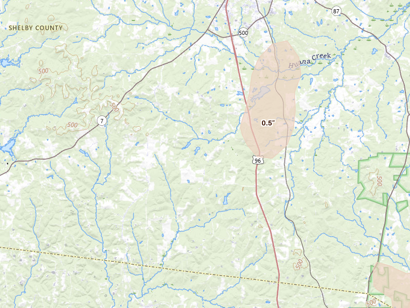 Radar-estimated hail-size map of the storm over Center, TX on Aug 21, 2026