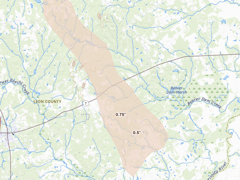Radar-estimated hail-size map of the storm over Centerville, TX
