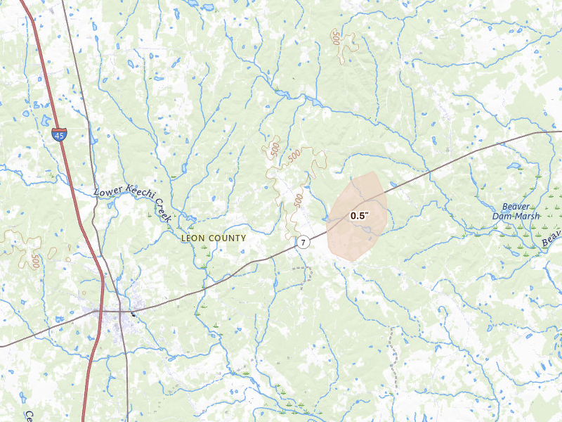 Radar-estimated hail-size map of the storm over Centerville, TX on Aug 8, 2026