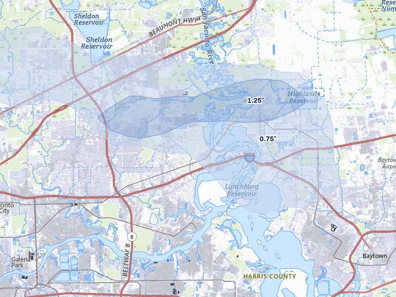 NEXRAD radar-signature map of the hail storm over Channelview, TX on May 10, 2026