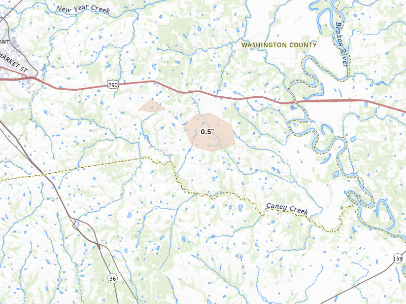 Radar-estimated hail-size map of the storm over Chappell Hill, TX on Mar 15, 2026