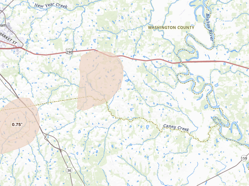 Radar-estimated hail-size map of the storm over Chappell Hill, TX on Jun 19, 2026