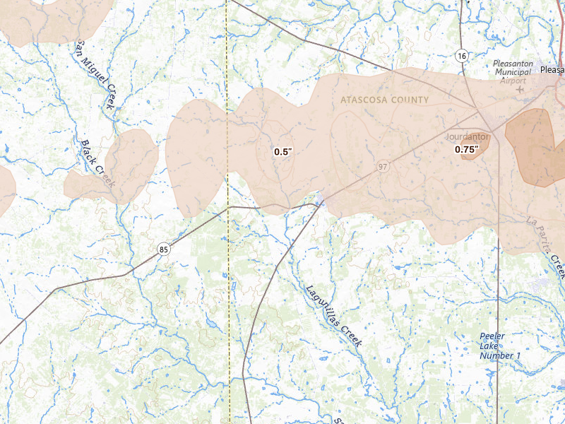 Radar-estimated hail-size map of the storm over Charlotte, TX on May 1, 2026