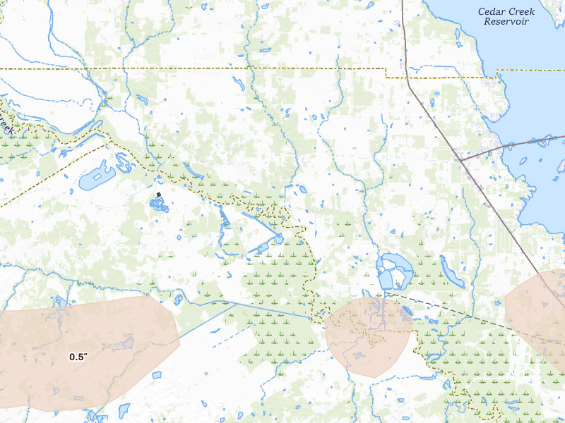 Radar-estimated hail-size map of the storm over Chatfield, TX on Apr 18, 2026