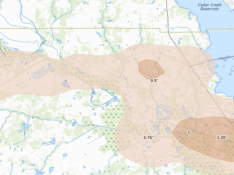 Radar-estimated hail-size map of the storm over Chatfield, TX on Apr 29, 2026