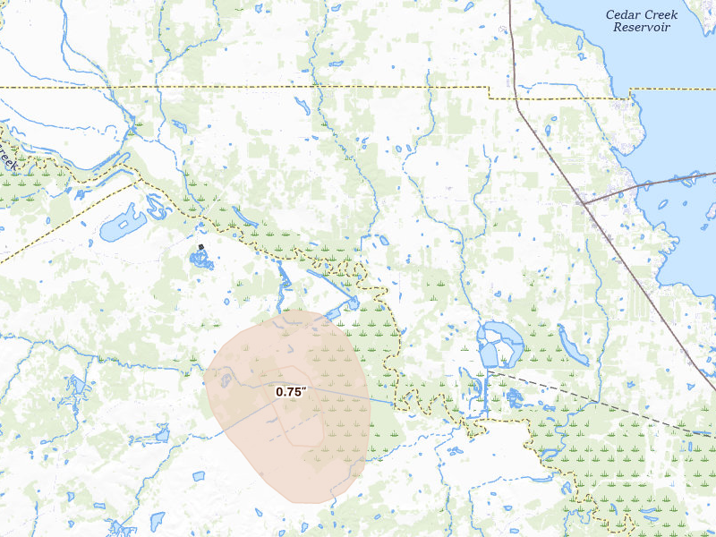 Radar-estimated hail-size map of the storm over Chatfield, TX on Jul 12, 2026