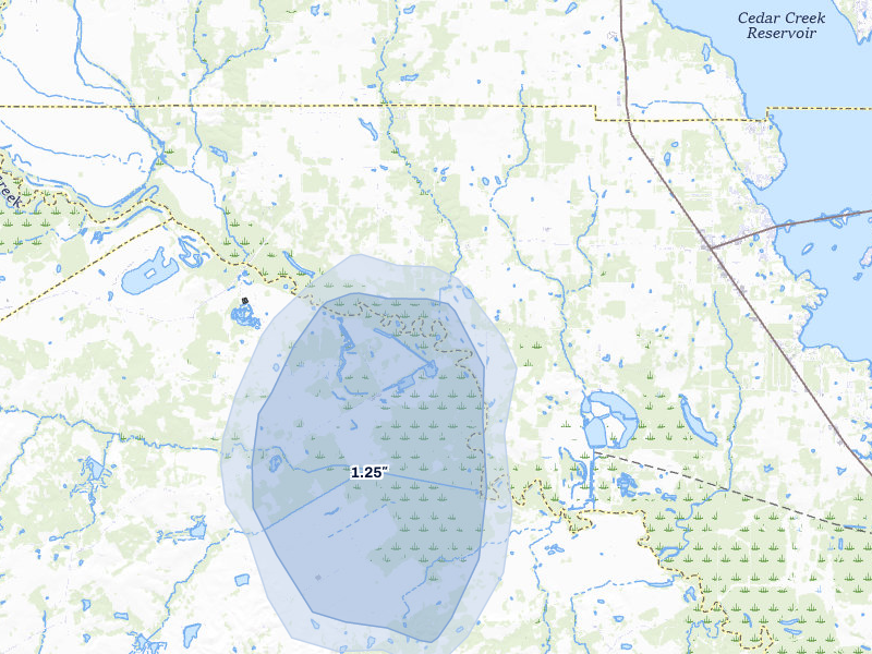 NEXRAD radar-signature map of the hail storm over Chatfield, TX on Jul 12, 2026