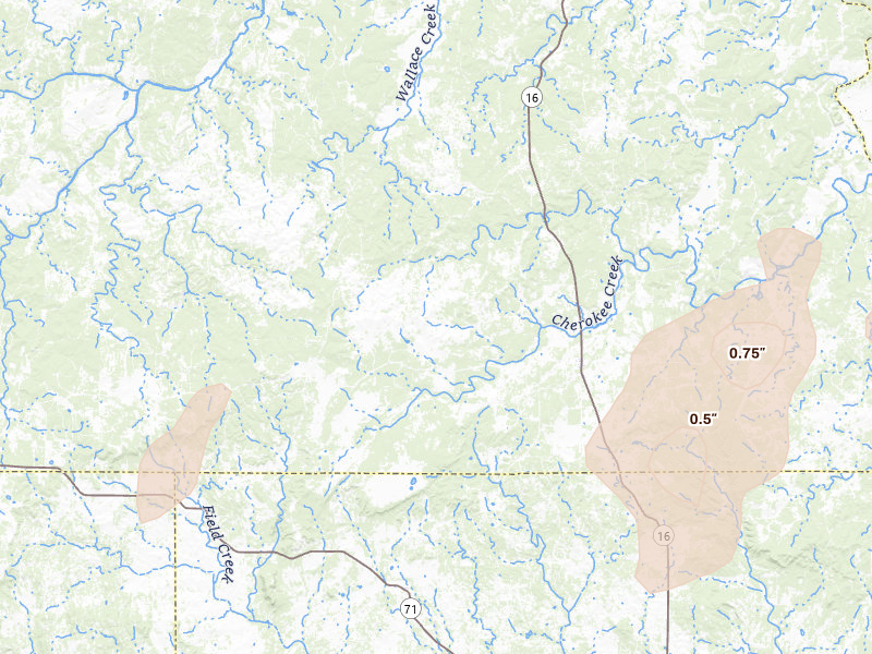 Radar-estimated hail-size map of the storm over Cherokee, TX on Mar 10, 2026