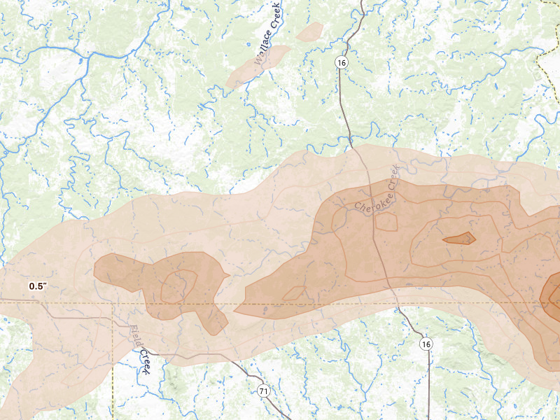 Radar-estimated hail-size map of the storm over Cherokee, TX on Apr 12, 2026