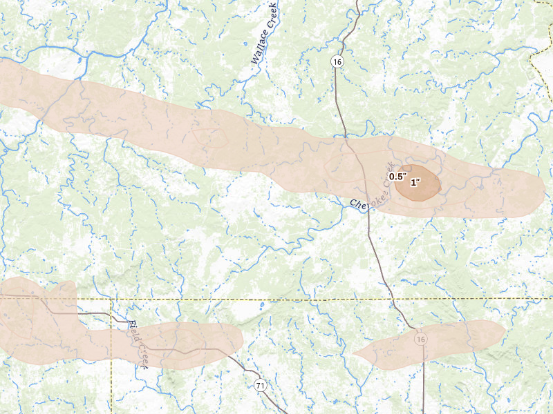 Radar-estimated hail-size map of the storm over Cherokee, TX on Apr 30, 2026